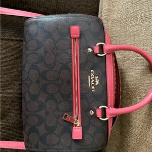 Coach cross body small purse brown with hot pink trim
